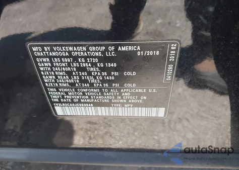 2018 Volkswagen Atlas 3.6L V6 Se/3.6L V6 Se W/Technology z USA, uszkodzony, nr VIN 1V2LR2CA0JC553846